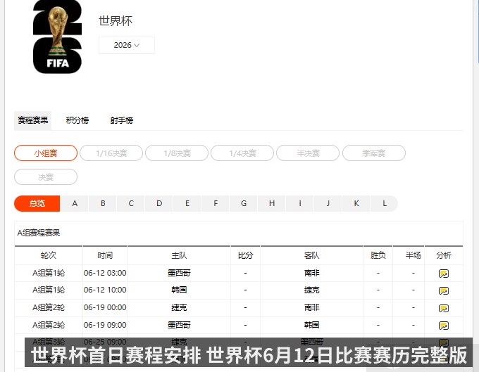 世界杯首日赛程安排 世界杯6月12日比赛赛历完整版